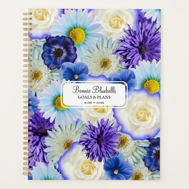 Blue & White Floral Collage Big Bold Personalized Planner (Front)