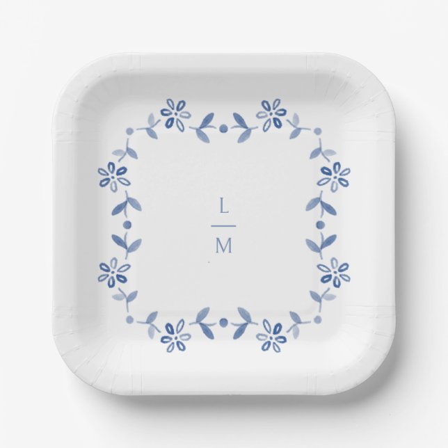 Blue & White Floral Couple Initials Wedding  Paper Plate (Front)