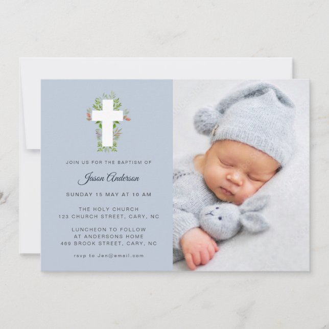 Blue & white  Floral Cross Photo Baptism Invitation (Front)