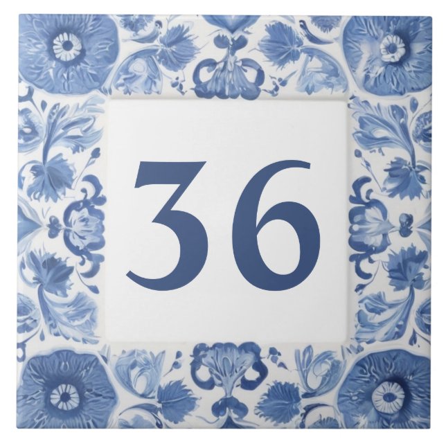 Blue & White Floral Delft Custom House Number Sign Tile (Front)
