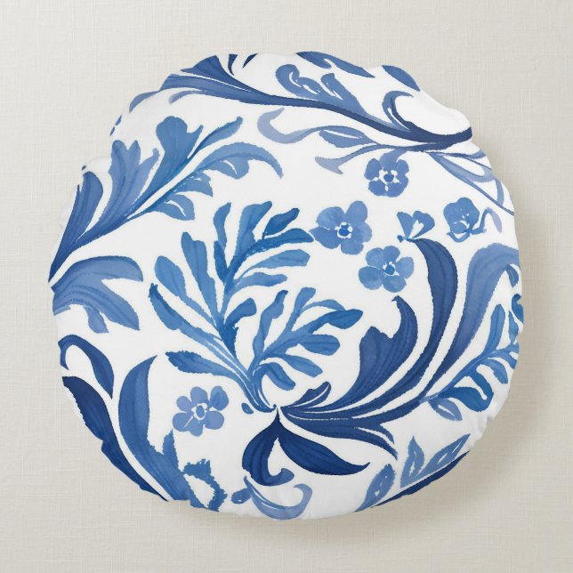 Blue & White Floral Design | Chinoiserie Pattern Round Pillow (Front)