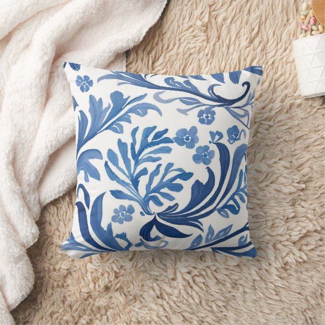 Blue & White Floral Design | Chinoiserie Pattern Throw Pillow (Blanket)