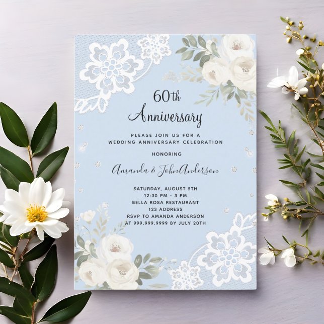 Blue white floral diamond 60th wedding anniversary invitation (Creator Uploaded)
