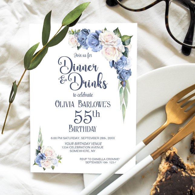 Blue White Floral Dinner and Drinks 55th Birthday Invitation (Creator Uploaded)
