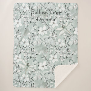Blue White Floral Dragonflies Sherpa Blanket