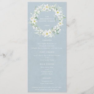 Blue White Floral Easter Wreath Flat 4 Course Menu