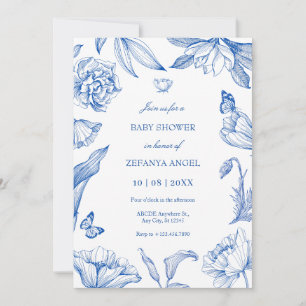 Blue white floral elegant baby shower invitation