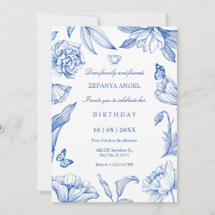 Blue white floral elegant birthday invitation