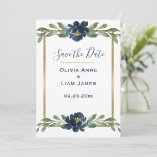 Blue & White Floral Elegant Script Gold Wedding Save The Date