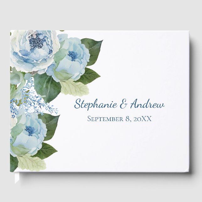 Blue White Floral Elegant Wedding Guest Book (Front)