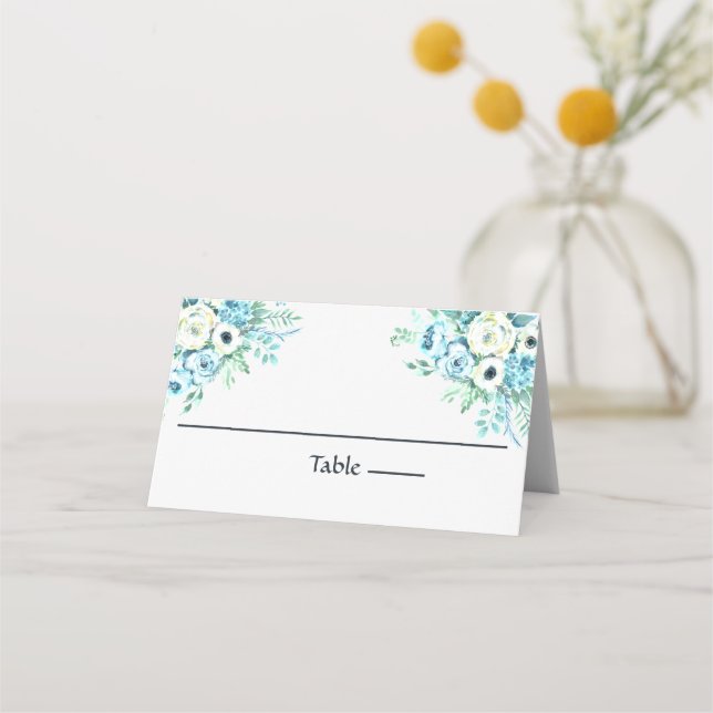 Blue White Floral Elegant Wedding Place Card (Front)