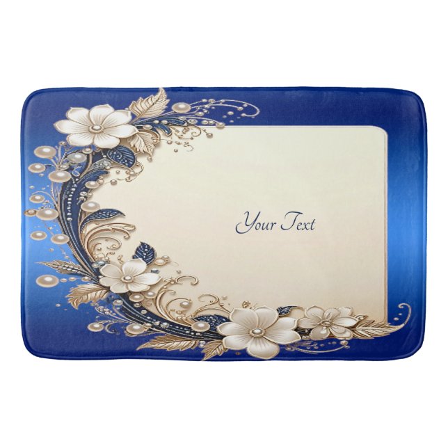 Blue White Floral Embellishment Bath Mat (Front)