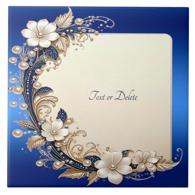Blue White Floral Embellishment Ceramic Tile (Front)