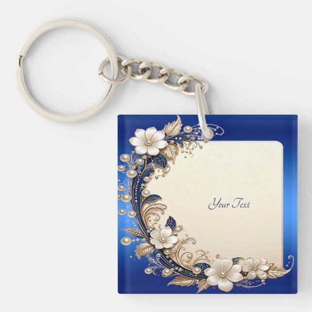 Blue White Floral Embellishment Keychain (Front)
