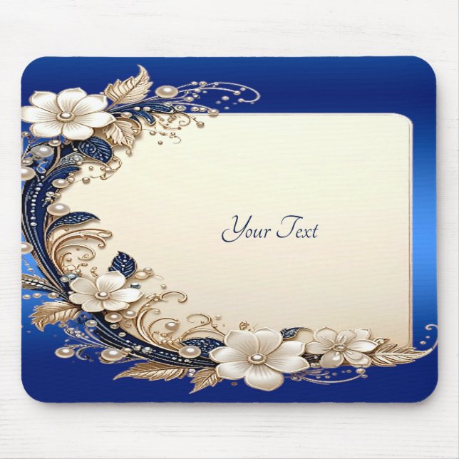 Blue White Floral Embellishment Mousepad (Front)
