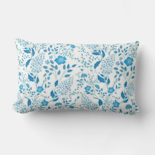 Blue White Floral Embroidery Style Pattern Lumbar Pillow