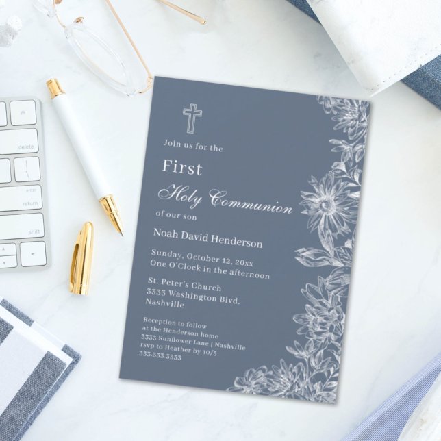 Blue White Floral First Holy Communion Invitation (Creator Uploaded)