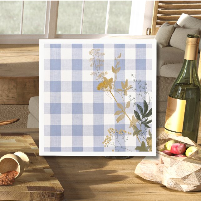 Blue White Floral Gingham Plaid Country Farmhouse Napkin (Creator Uploaded)