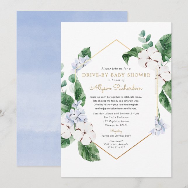 Blue white floral gold Drive by spring baby shower Invitation (Front/Back)