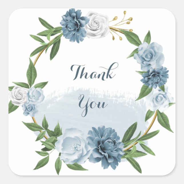 blue white floral gold wreath square sticker (Front)
