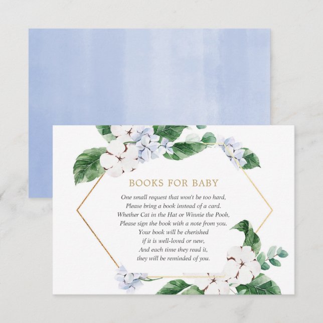 Blue white floral greenery gold books for baby boy enclosure card (Front/Back)