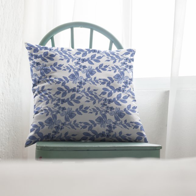 Blue White Floral Leaf Pattern Throw Pillow (Creator Uploaded)