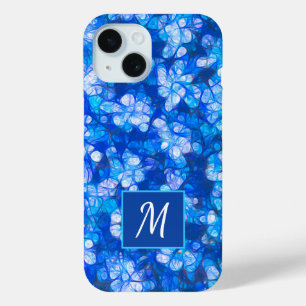 Blue White Floral Modern Flowers Monogram Custom iPhone 15 Case