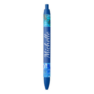 Blue White Floral Modern Flowers Personalize Black Ink Pen