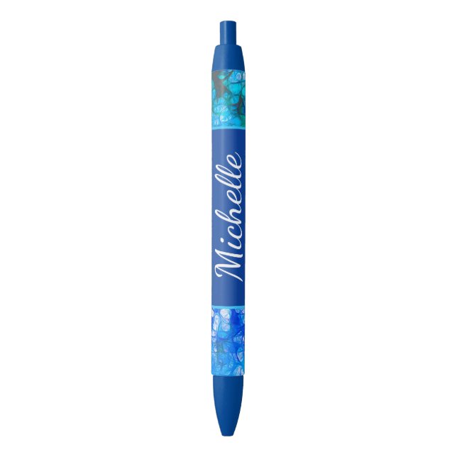 Blue White Floral Modern Flowers Personalize Black Ink Pen (Front Vertical)