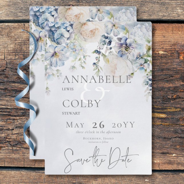Blue & White Floral Modern Wedding Save The Date (Blue & White Floral Modern Wedding Save The Date)