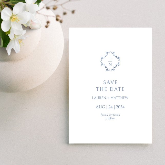Blue & White Floral Monogrammed Wedding Flat  Save The Date (Creator Uploaded)