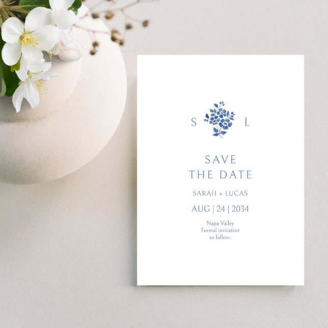 Blue & White Floral Monogrammed Wedding Flat  Save The Date (Creator Uploaded)