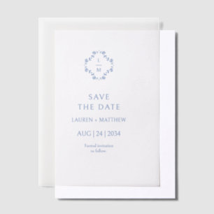 Blue & White Floral Monogrammed Wedding Flat Vellum Invitations