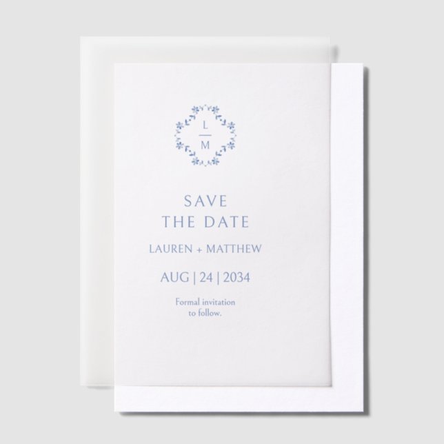 Blue & White Floral Monogrammed Wedding Flat  Vellum Invitations (Offset)