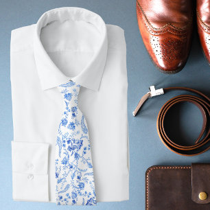 Blue White Floral Paisley Groomsman Wedding Tie