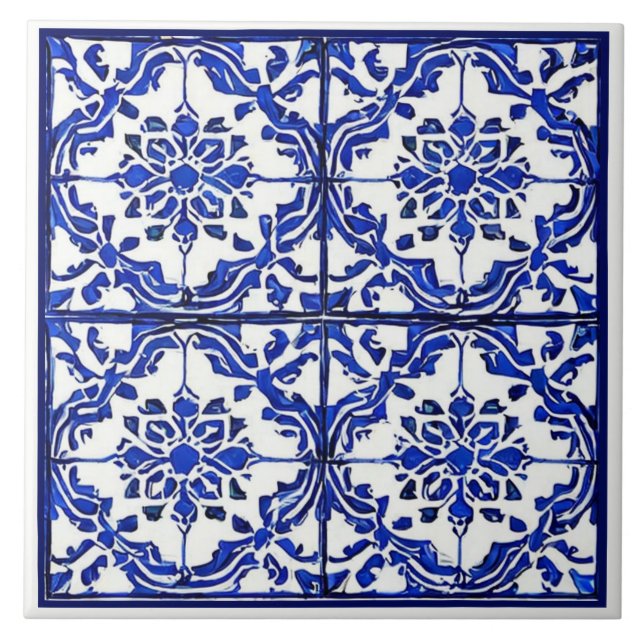 Blue white floral pattern Mediterranean inspired Tile (Front)