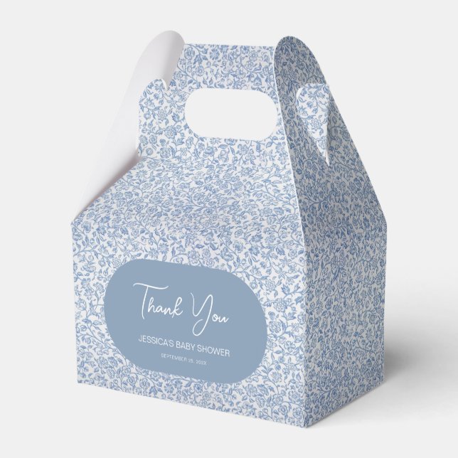 Blue & White Floral Pattern Toile Boy Baby Shower Favor Box (Back Side)
