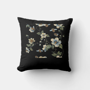 Blue White Floral Pattern - Whimsigoth Dark Aesthe Throw Pillow