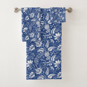 Blue White Floral Pattern with Paisley Element Bath Towel Set