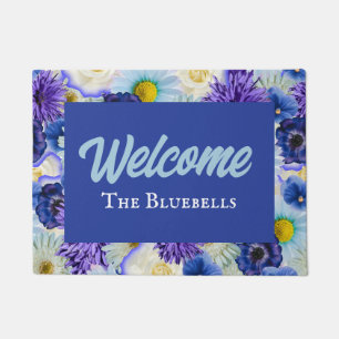 Blue & White Floral Personalized Entry Way Welcome Doormat