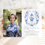 Blue White Floral Porcelain 50th Birthday Photo Invitation<br><div class="desc">Beautiful chinoiserie-inspired design featuring elegant blue and white porcelain ginger jar and a classy crest</div>