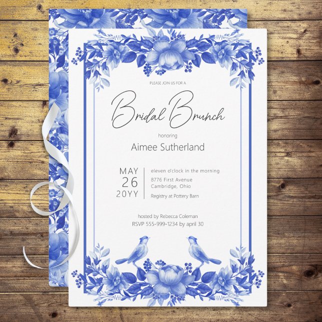 Blue & White Floral Porcelain Bridal Brunch Invitation (Blue & White Floral Porcelain Bridal Brunch Invitation)