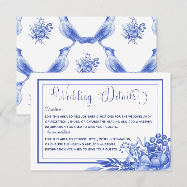 Blue & White Floral Porcelain Wedding Details Enclosure Card (Front/Back)
