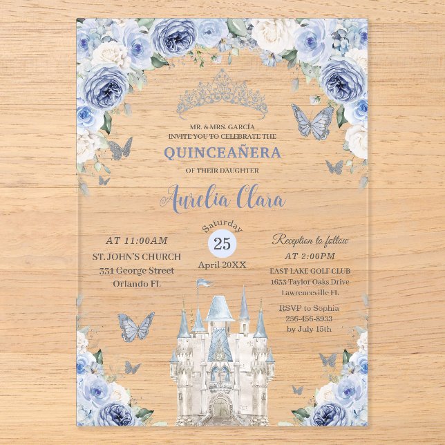 Blue White Floral Princess Castle Quinceañera XV  Acrylic Invitations (Front)