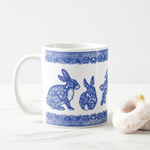 Blue & White Floral Rabbits Bunnies Cute Whimsical