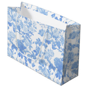 Blue White Floral Roses French Chinoiserie Pattern Large Gift Bag