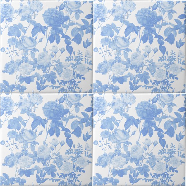 Blue White Floral Roses French Pattern Tile (Blue White Floral Roses French Pattern Ceramic Tile)