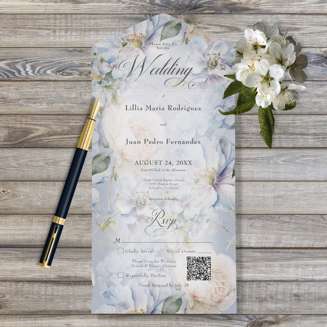 Blue & White Floral Rustic Romantic QR Code All In One Invitation (Creator Uploaded)