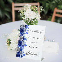 Blue white floral script welcome wedding
