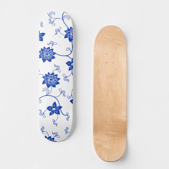 Blue & White Floral Skate Deck, Kintsugi inspired Skateboard (Front)
